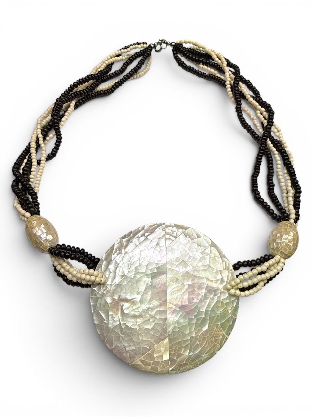 XL 1970s Mother of Pear Mosaic Pendent Multi-Strand Necklace, Bone, Seed Bead